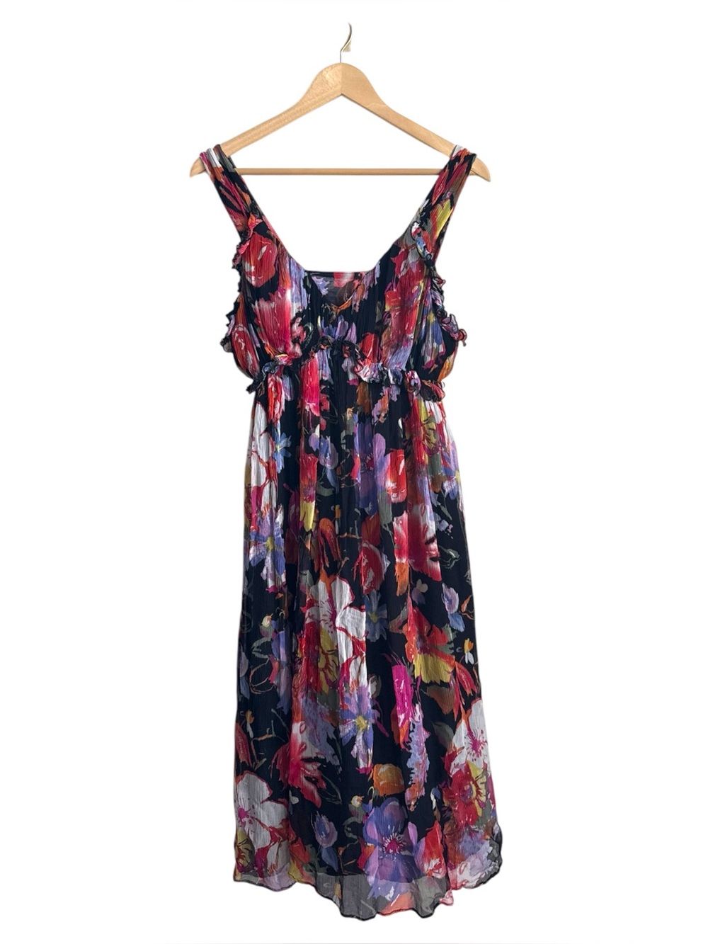 Vintage Igloo Y2K Floral Chiffon Ruffle Midi Dress Multicolor Size 34 XS